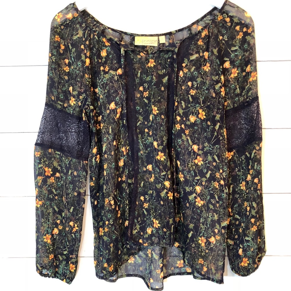 VERA WANG | Sheer Navy Lace Floral Blouse